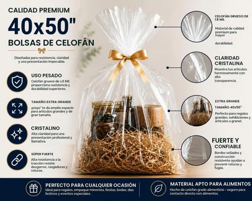 Vista 3 de Bolsas de celofán transparente de 40 x 50 pulgadas para cestas de regalo, paquete de 5 bolsas extragrandes resistentes para celofán, bolsas