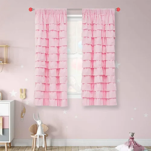 Vista 19 de Cortinas negras con volantes, 2 paneles, paneles de ventana con volantes de 12 capas, cortinas de estilo rústico para dormitorio, baño, bolsillo