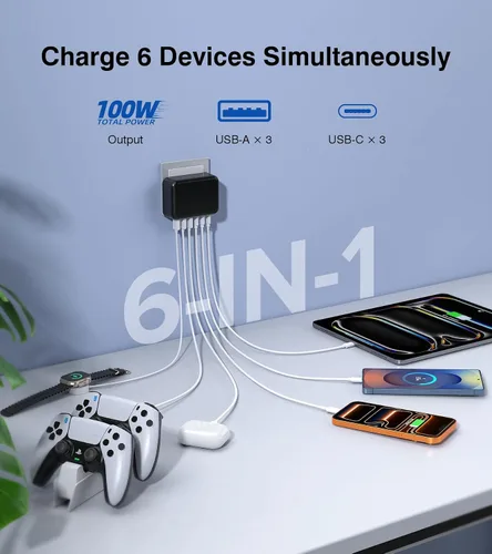 Vista 2 de Bloque de Carga Rápida, Cubo de Estación de Carga GaN de 6 Puertos USB C, Cargador de Pared de 100W de Tipo C de Múltiples Puertos con Enchufe
