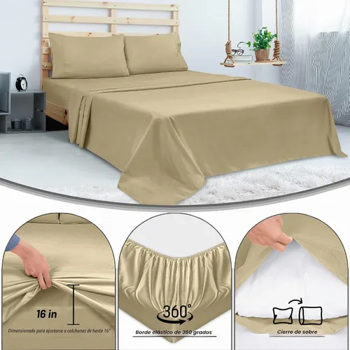 Vista 5 de ROYALE LINENS Juego de sábanas de 300 hilos 100% algodón peinado de fibras largas, 4 piezas, 1 sábana bajera, 1 encimera y 2 fundas de almohada