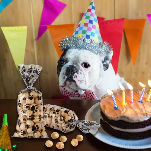 Vista 3 de Blulu 100 bolsas de golosinas para perros, recuerdos de fiesta para cachorros, bolsas de celofán con cono de pata de mascota, dulces sellables por
