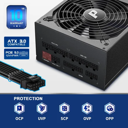 Vista 8 de Fuente de alimentación de 1000 W 80+ Gold completamente modular PSU, ATX 3.0 y PCIE 5.0, ES1000