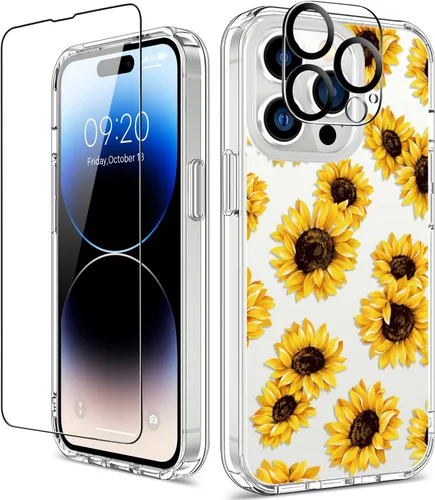 Vista 37 de Funda para iPhone 14 Pro con protector de pantalla, 6.1 pulgadas, transparente de cuerpo completo, a prueba de golpes, diseño floral, para niñas