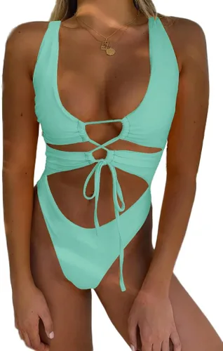 Vista 3 de Traje de baño sexy de una pieza con recortes, encaje, espalda descubierta y corte alto monokini para mujer Azul bebé