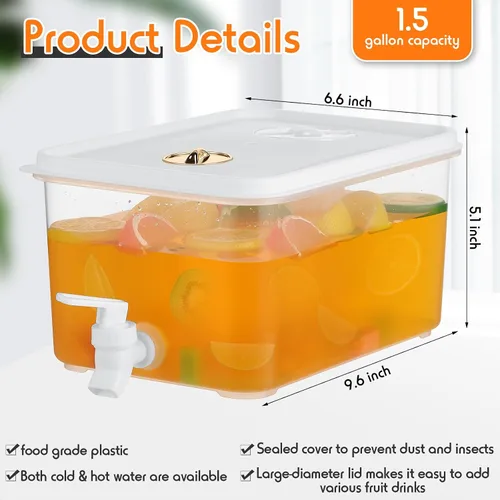 Vista 2 de Domensi Paquete de 2 dispensadores de bebidas de 1.5 galones para refrigerador con grifo dispensador de agua, tapas a prueba de fugas, pantalla