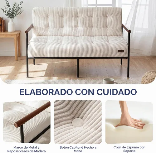 Vista 5 de MAXYOYO Silla decorativa para sala de estar, sofá biplaza con marco de metal resistente y reposabrazos de madera, sofá pequeño tapizado con botones
