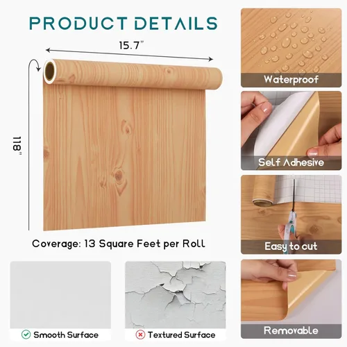 Vista 8 de VEELIKE Papel de contacto de madera de pino marrón de 15.7 x 118 pulgadas, papel de contacto de grano de madera de grano de madera para encimeras
