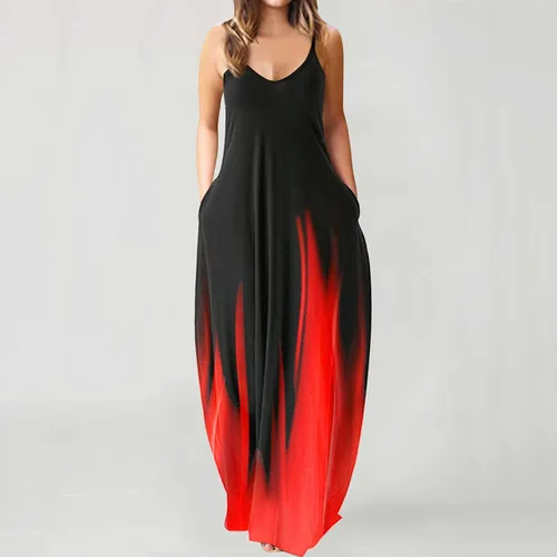 Vista 2 de Oiumov Vestido bohemio para mujer casual de verano sexy con tirantes delgados estampado de playa vestido largo con bolsillos