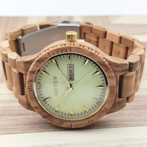 Vista 3 de MII YEW Reloj de madera para hombre, ligero, analógico, de cuarzo, hecho a mano, esfera verde con fecha