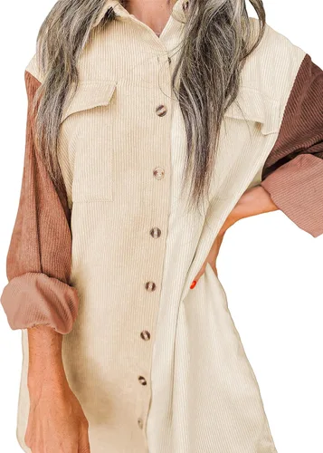 Vista 2 de Vestido tipo camisa de pana para mujer, de gran tamaño, con botones, manga larga, con bolsillos
