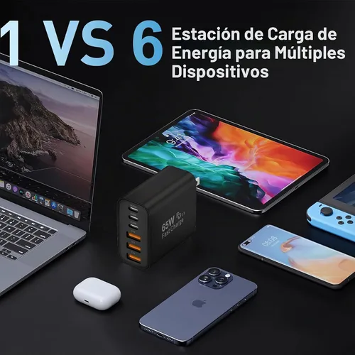 Vista 5 de Bloque de carga USB C, 65 W, 6 puertos, bloque de carga USBC, cargador de pared, cargador de iPhone, carga rápida, multipuerto tipo C, PD+QC Negro