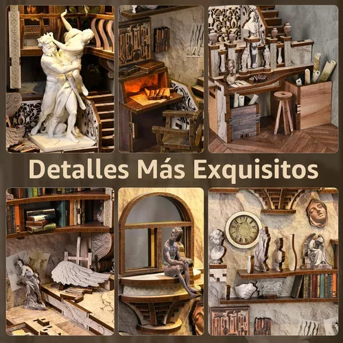 Vista 3 de Bernini's - Kit de rincón de libro para taller, taller, casa en miniatura Rompecabezas de madera 3D, decoración de inserción de estantería