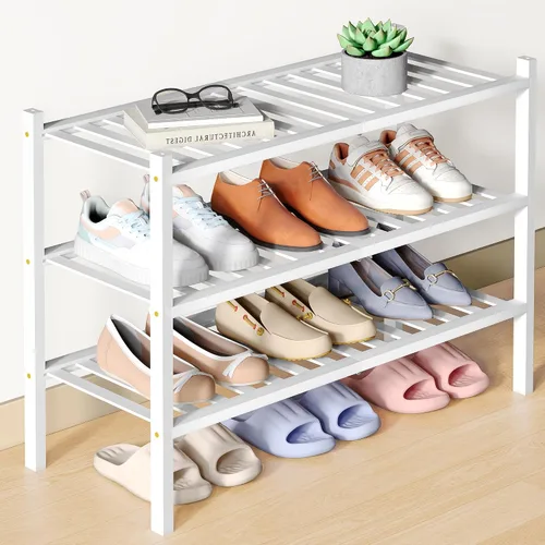 Vista 45 de Smiry Zapatero de bambú para armario, organizador de zapatos de madera de 3 niveles, estante apilable de almacenamiento de zapatos de madera