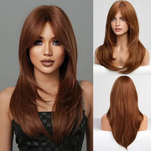 Vista 17 de HAIRCUBE Pelucas Auburn para Mujeres, Pelucas Largas en Capas Naranjas con Flequillo, Pelucas de Fibra Sintética Resistentes al Calor