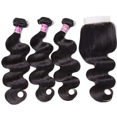 Vista 2 de UNice Cabello malasio, ondulado, 3 paquetes con parte libre, cierre de encaje 4x4, 100% cabello humano virgen sin procesar, color natural