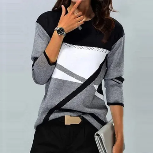 Vista 2 de Camisas de manga larga de moda para mujer, con retazos, bloque de color, camisetas de otoño e invierno, ajuste holgado, blusas casuales elegantes