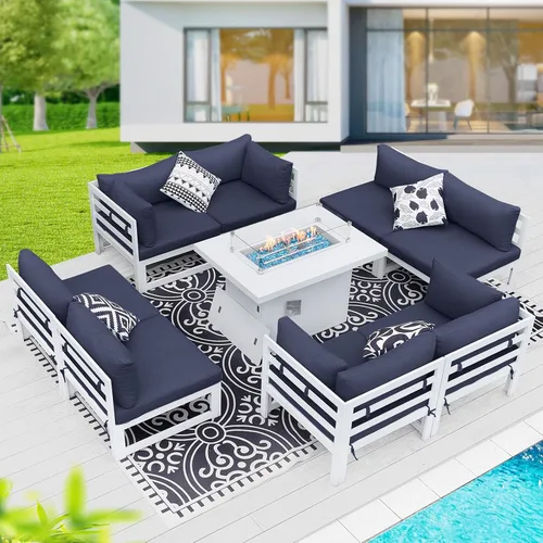 Vista 20 de BULEXYARD - Sofá modular de aluminio para exteriores con mesa para fogata, 7 piezas, color verde azulado