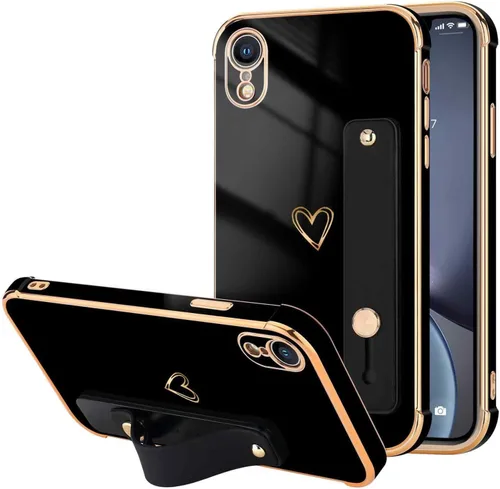 Vista 18 de LLZ.COQUE Funda compatible con iPhone 12 para mujeres y niñas, parachoques chapado de lujo con bonito diseño de corazón de amor, soporte de correa
