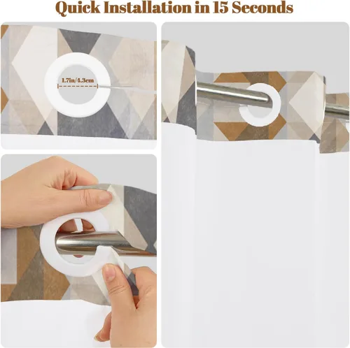 Vista 6 de No Hook Geometric Shower Curtain with Snap in Liner - 71″W x 74″L Waterproof Fabric with Mesh Top Window, Modern Abstract Triangle Design Bath