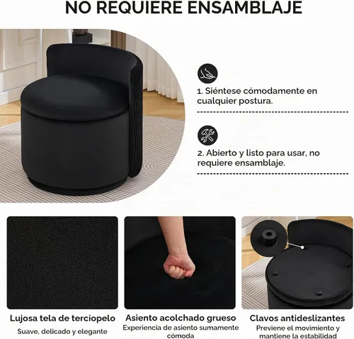 Vista 4 de WUTUTUEE Silla grande de terciopelo con almacenamiento, silla de maquillaje giratoria de 360° con respaldo ondulado, taburete pequeño sin montaje