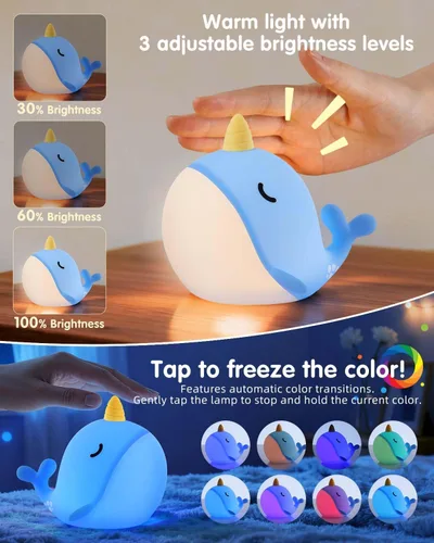 Vista 4 de Fuloon Narwhal - Luz nocturna con forma de ballena, lámpara de silicona blanda para niños, control táctil seguro y relajante para niños y bebés