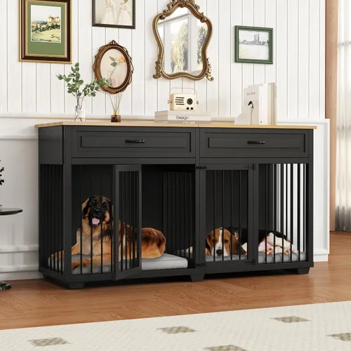 Vista 9 de Muebles para Perrera, 64.6 Pulgadas de Madera Resistente Jaula para Perros Grande Estilo Mueble con Cajones y Divisor, Casa para Perros