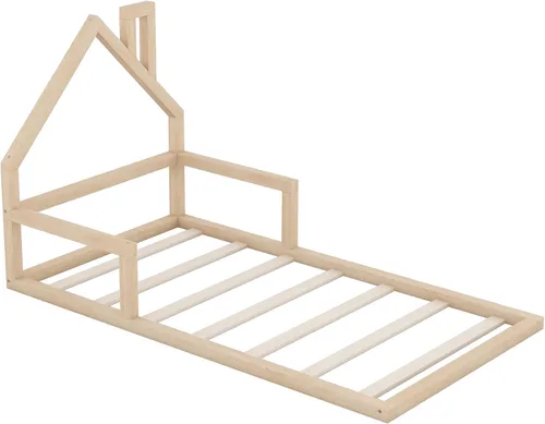 Vista 9 de Quarte Cama de suelo de madera de tamaño individual con cabecera en forma de casa, marco de cama de plataforma de madera para dormitorio,