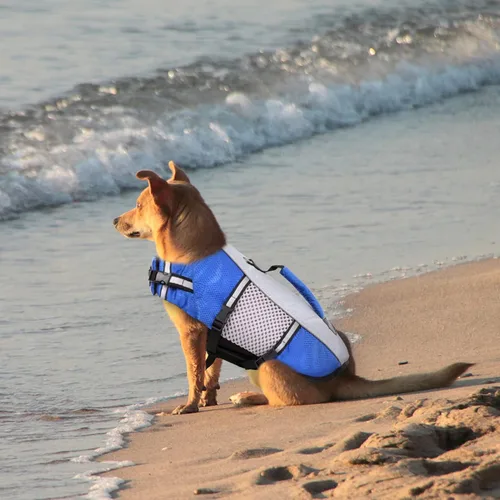 Vista 6 de Chaleco salvavidas para perros, chaleco de natación, ligero, altamente reflectante, para mascotas, con asa de elevación y anillo para correa