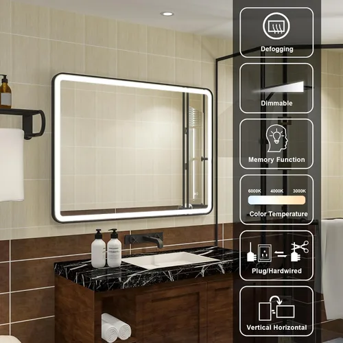 Vista 6 de WELLFOR Espejo LED enmarcado de 48 pulgadas de ancho x 36 pulgadas de largo, espejo rectangular de esquina redondeada de metal con luces para baño