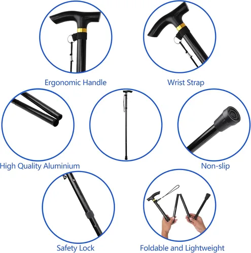 Vista 3 de Bastón plegable para hombre y mujer, portátil, ligero, altura ajustable de 5 niveles, caña plegable para personas mayores equilibrando la ayuda