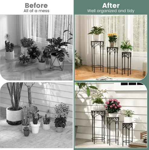 Vista 6 de Giantex Juego de 3 soportes de metal para plantas, de 28 pulgadas, soporte de flores alto de mosaico con parte superior de cerámica, mesa auxiliar