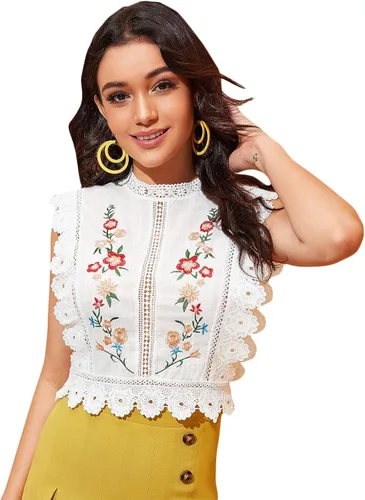 Vista 5 de Floerns - Blusa bordada, con encaje guipur, de cuello simulado, para mujer
