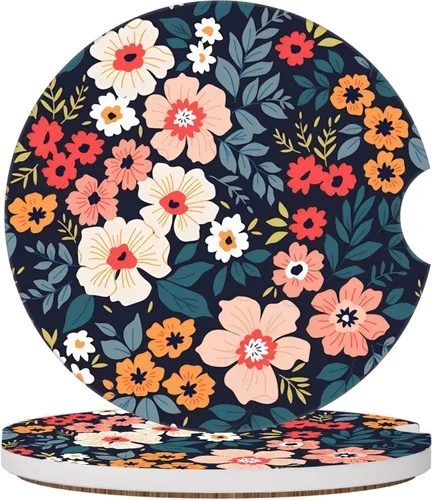 Vista 14 de Posavasos de automóvil con diseño de arcoíris y flores beige para portavasos de automóvil, paquete de 2 posavasos para mujeres y hombres, 2.56