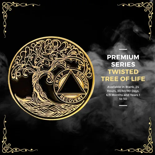 Vista 4 de 1 año Sobriety Mint Twisted Tree of Life Medallón de recuperación AA chapado en oro, chip/ficha - negro