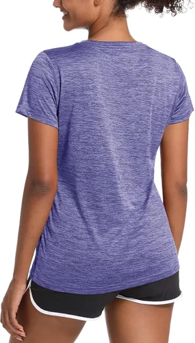 Vista 2 de MAGCOMSEN Camisetas de entrenamiento para mujer, cuello redondo, manga corta, ligeras, suaves, para deportes, fitness, ejercicio, yoga
