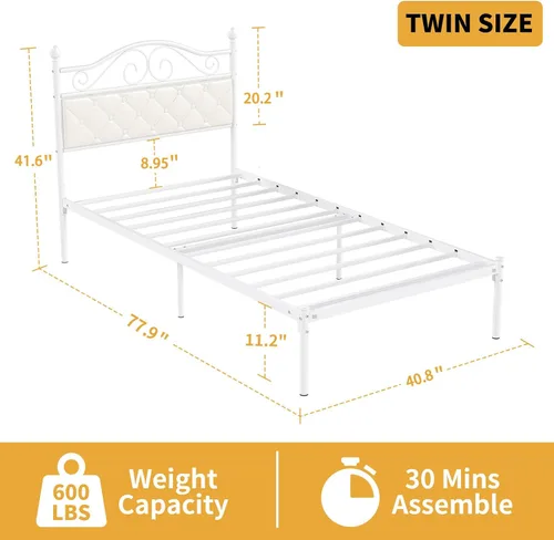 Vista 2 de Elephance Base de cama individual con cabecero tapizado, plataforma de metal con espacio de almacenamiento de 11.2 pulgadas, con botón capitoné,