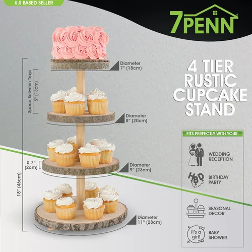 Vista 2 de 7Penn Soporte de madera para cupcakes, juego de mesa de postre rústico – 4 niveles para decoración de pasteles, cupcakes, galletas, manualidades