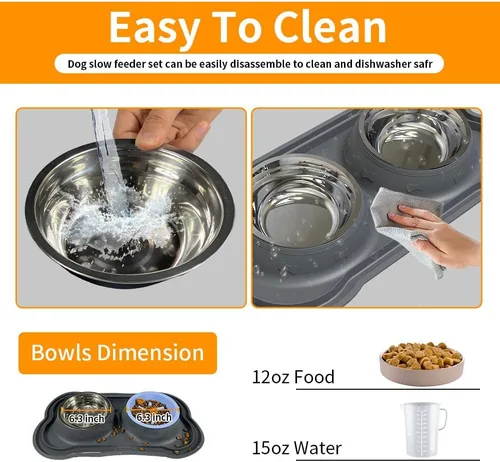 Vista 5 de Juego de cuencos de acero inoxidable para perros con alfombrilla de silicona, 100% impermeable, sin BPA, cuencos de comida para gatos y perros, sin