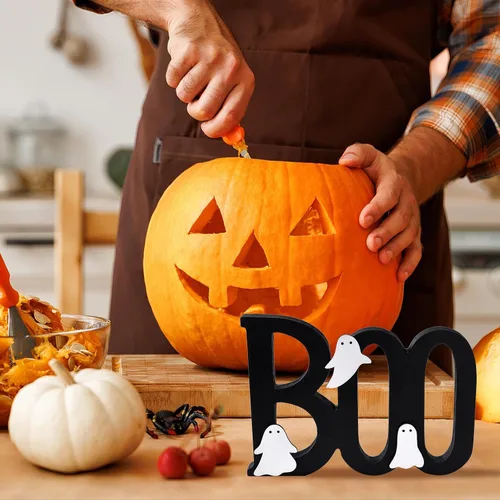 Vista 7 de Ovootok Wooden Boo Sign Halloween Table Decorations Cute Ghost Decor Indoor Halloween Decor Indoor 3-Layer Wooden BOO Sign with Cute White Ghosts