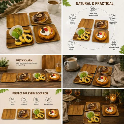 Vista 8 de Platos cuadrados de madera de acacia, 6 pulgadas, postre, aperitivos y pan