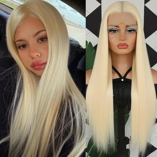 Vista 3 de Aubree Peluca de encaje frontal rubio 613, cabello largo y lacio, resistente al calor, fibra rubia, pelucas sintéticas sin pegamento, predepiladas