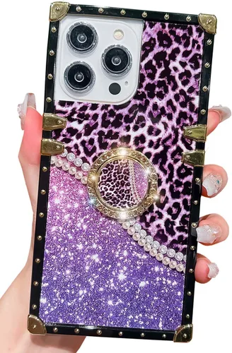 Vista 11 de Funda cuadrada de lujo compatible con iPhone 13 Pro Max de 6.7 pulgadas, funda de leopardo brillante, silicona suave y brillante a prueba de golpes