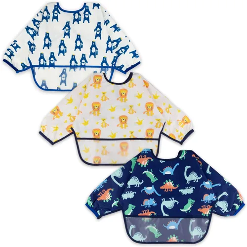 Vista 8 de Juego de baberos de manga larga de 3 piezas, baberos impermeables para bebés con bolsillo, babero para niños pequeños con mangas, bata resistente a