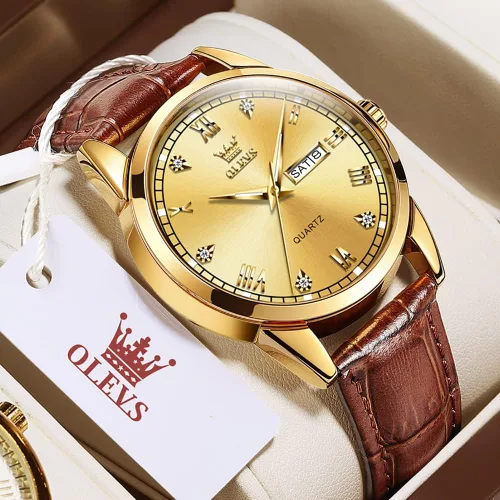Vista 3 de OLEVS Tienda Watches, reloj de cuero marrón para hombre, reloj de fecha para hombre, reloj luminoso para hombre, reloj de vestir para hombre, reloj