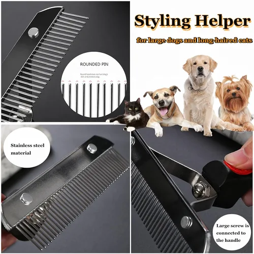 Vista 4 de Rastrillo de pelo largo para perros, rastrillo de dientes largos con mango antideslizante, cepillos de desprendimiento de perros para aseo de pelo
