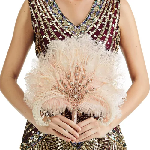 Vista 9 de BABEYOND Bouquet de novia vintage con plumas de avestruz de los años 1920, abanico de plumas de avestruz con cristal, ramo de novia de los años 20