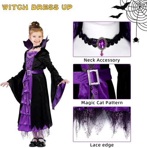 Vista 4 de ThinkMax Disfraz de bruja de cuento de hadas de Halloween para niñas vestido de bruja de Halloween negromorado