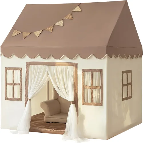 Vista 13 de Tienda de campaña para niños con doble puerta castillo de juegos para niños - Beige Kids Tent with Mat, Two Doors Fantasy Adventure Play House for