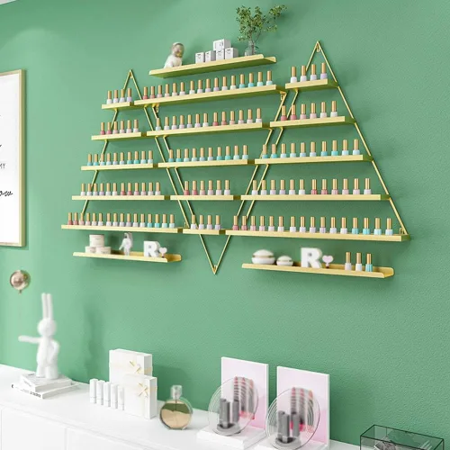 Vista 8 de Estante de metal para esmalte de uñas, 6 juegos triangulares de exhibición de cosméticos, organizador de estantes de botellas de aceite esencial