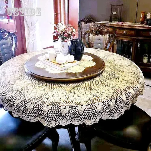 Vista 12 de USTIDE Mantel redondo de ganchillo de 70 pulgadas, superposiciones de mesa de encaje de algodón beige hecho a mano con diseño floral de ganchillo